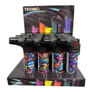 TECHNO BUTANE GAS ASSORTED DESIGN TORCH LIGHTER 12CT/ DISPLAY