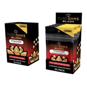 PURE OHMS BLACK MITRAGYNINE KRATOM LEAF EXTRACT 200MG PER TABLET 6PK/ 10CT BOX