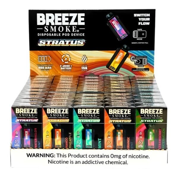 BREEZE STRATUS 0% (ZERO NICOTINE) DISPOSABLE (1000ML) 15K PUFFS 50CT/ DISPLAY